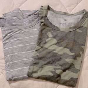 So, FAVORITE CREW, T shirts, one camouflage and one great white striped, bundled